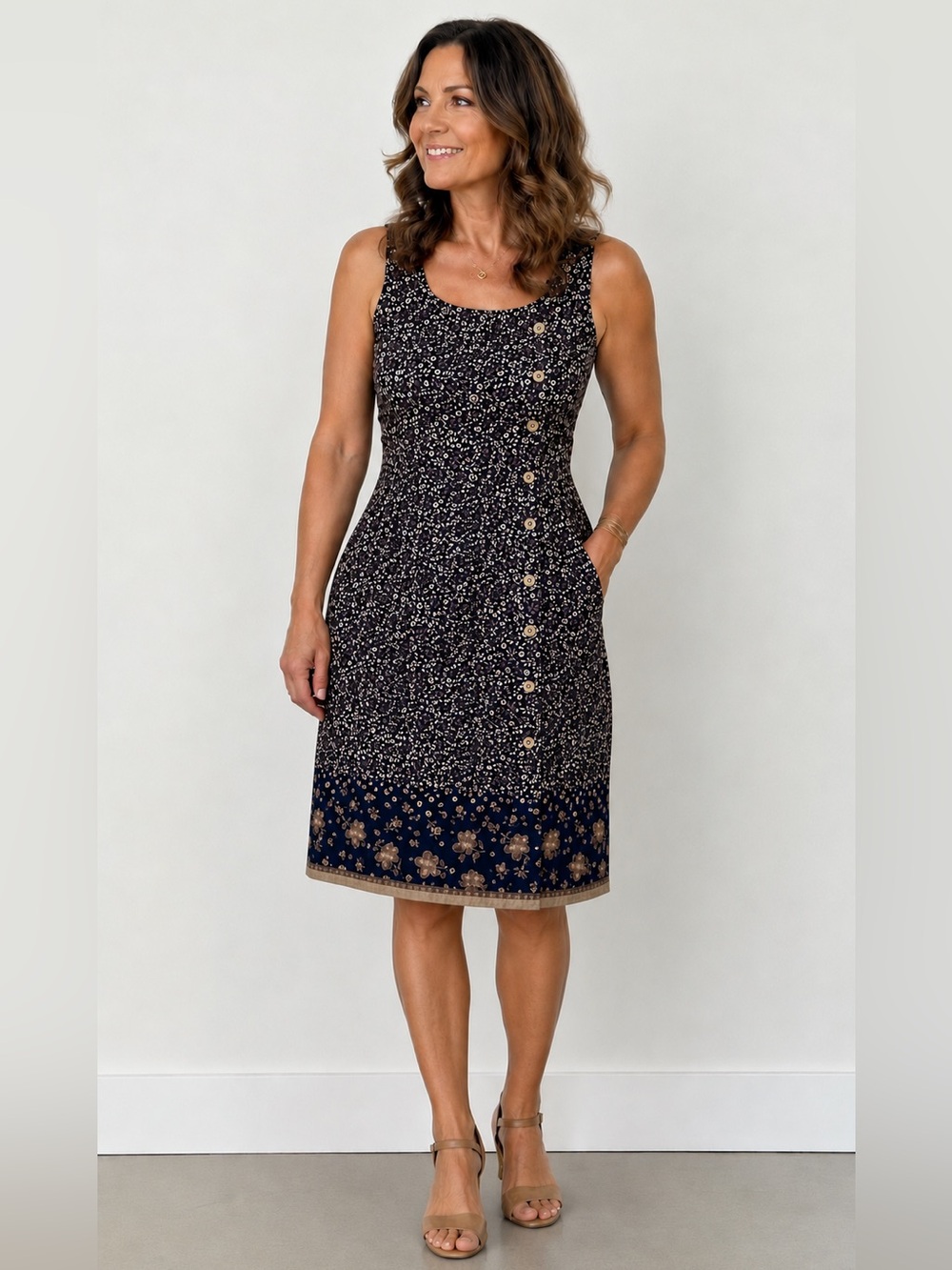 90s St. Michael’s from Marks and Spencer. Navy Floral Button-Front Midi.
